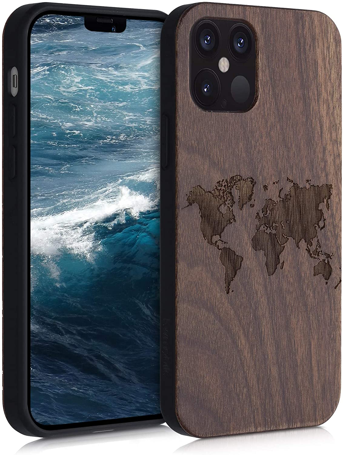 KW iPhone 12 Pro Θήκη από Φυσικό Ξύλο Design Travel Outline - Dark Brown - 52734.02