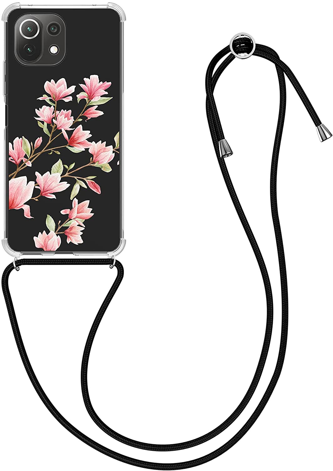 KW Xiaomi Mi 11 Lite / Mi 11 Lite 5G Θήκη Σιλικόνης TPU με Λουράκι Design Magnolias - Light Pink / White - Διάφανη - 56530.02