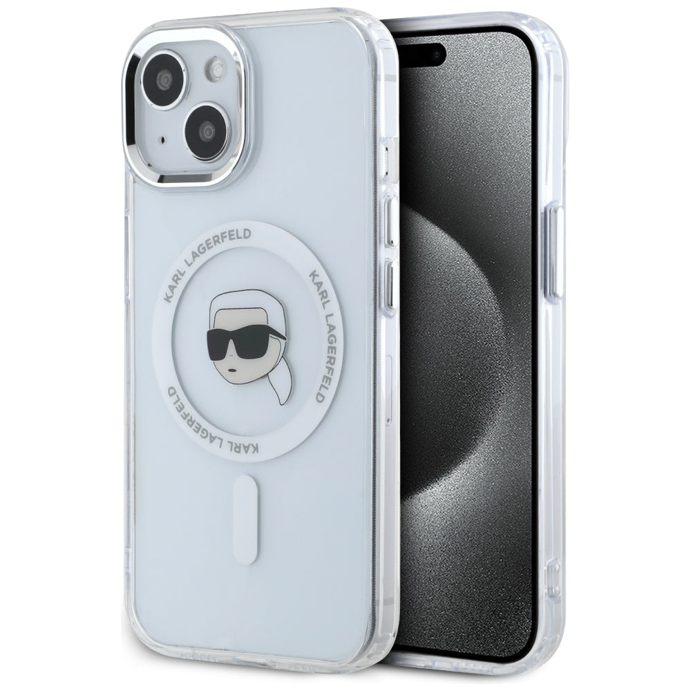Karl Lagerfeld iPhone 15 - IML Metal Karl Head - MagSafe Σκληρή Θήκη με Πλαίσιο Σιλικόνης - White - KLHMP15SHLSKIH