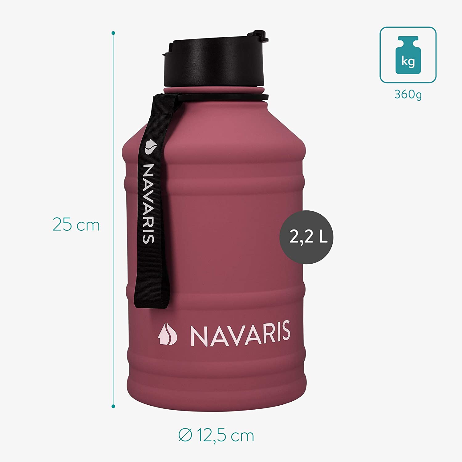 Navaris Μπουκάλι Νερού από Ανοξείδωτο Ατσάλι - BPA Free - 2.2 L - Bordeaux - 51084.26