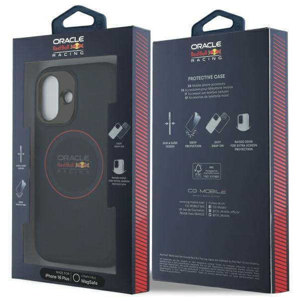 Red Bull iPhone 16 Plus - Leather Red Ring - MagSafe Σκληρή Θήκη με Επένδυση Συνθετικού Δέρματος και Πλαίσιο Σιλικόνης - Navy - RBHMP16M24PUILVR