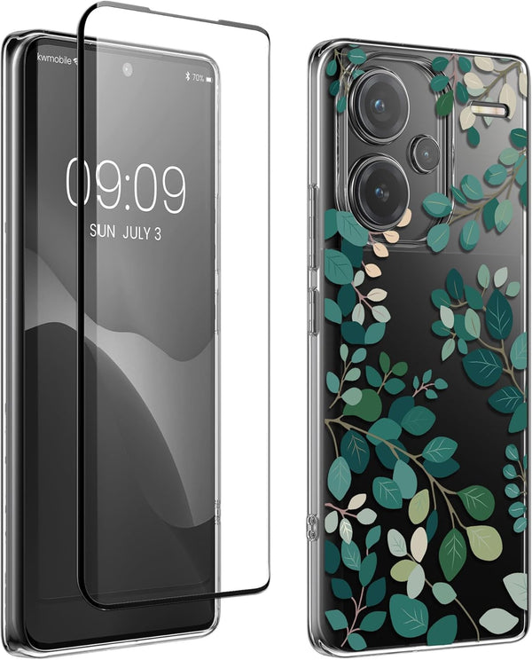 KW Xiaomi Redmi Note 13 Pro+ 5G Θήκη Σιλικόνης TPU με Αντιχαρακτικό Γυαλί - Design Spring Leaves - Green / Διάφανη