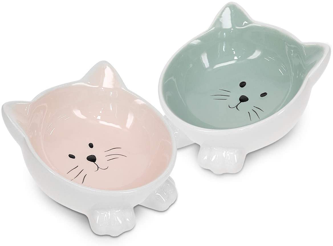 Navaris Cat Bowls with Ears Set of 2 - Σετ με 2 Μπολ Φαγητού και Νερού 130ml σε Σχήμα Γάτας - Pink / Green - 50736.02