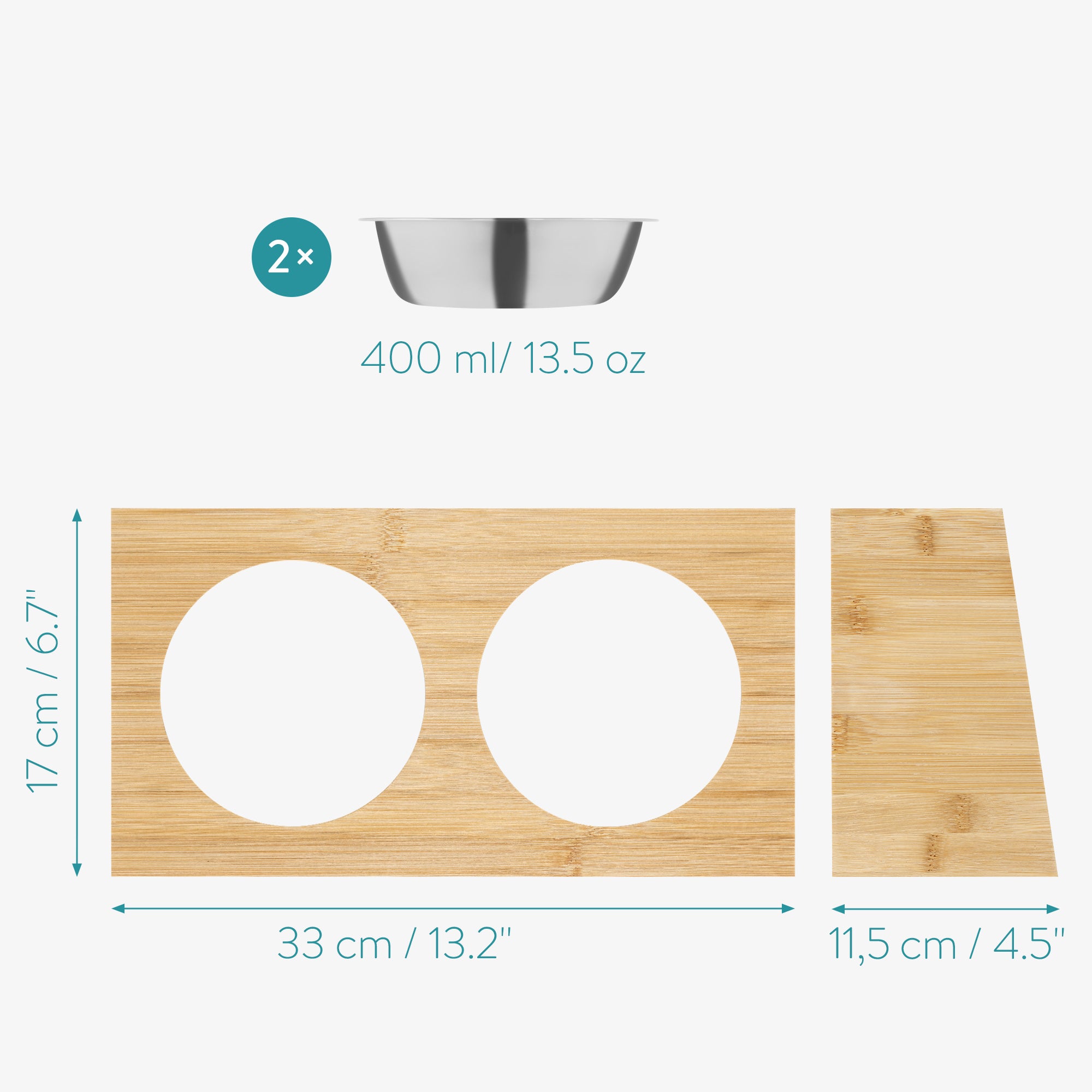 Navaris Σετ με 2 Μπολ Φαγητού με Βάση από Μπαμπού για Κατοικίδια - Silver / Light Brown - 54489.01