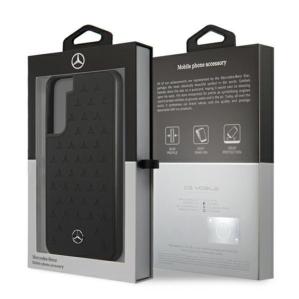 Mercedes Samsung Galaxy S22 Plus Stars Pattern Σκληρή Θήκη με Επένδυση Γνήσιου Δέρματος και Πλαίσιο Σιλικόνης - Black - MEHCS22MPSQBK