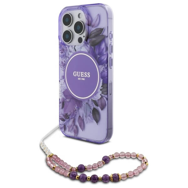 Guess iPhone 16 Pro - IML Flowers With Pearl Strap MagSafe - Σκληρή Θήκη με Πλαίσιο Σιλικόνης και Λουράκι - Purple - GUHMP16LHFWBRCESU