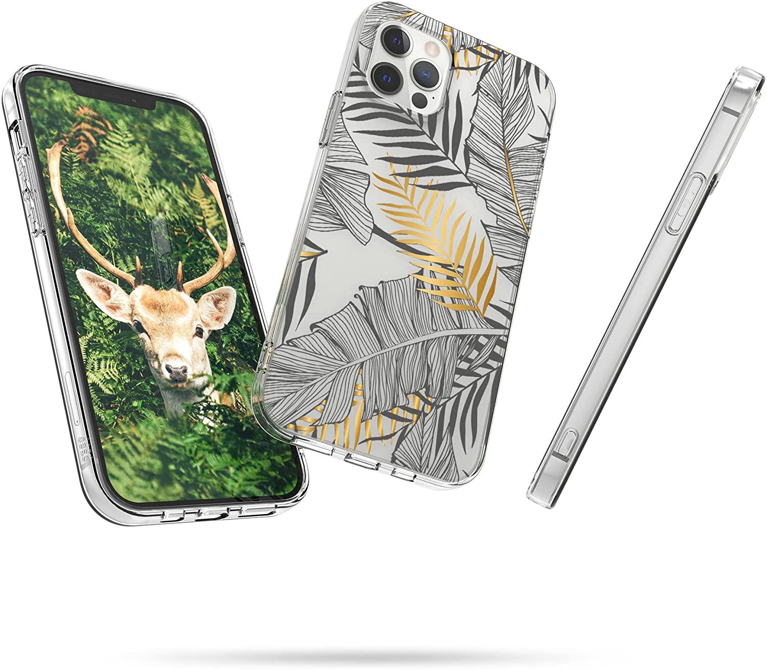 KW iPhone 12 / iPhone 12 Pro Θήκη Σιλικόνης TPU Design Palm Leaves - Διάφανη / Gold / Grey - 53035.14