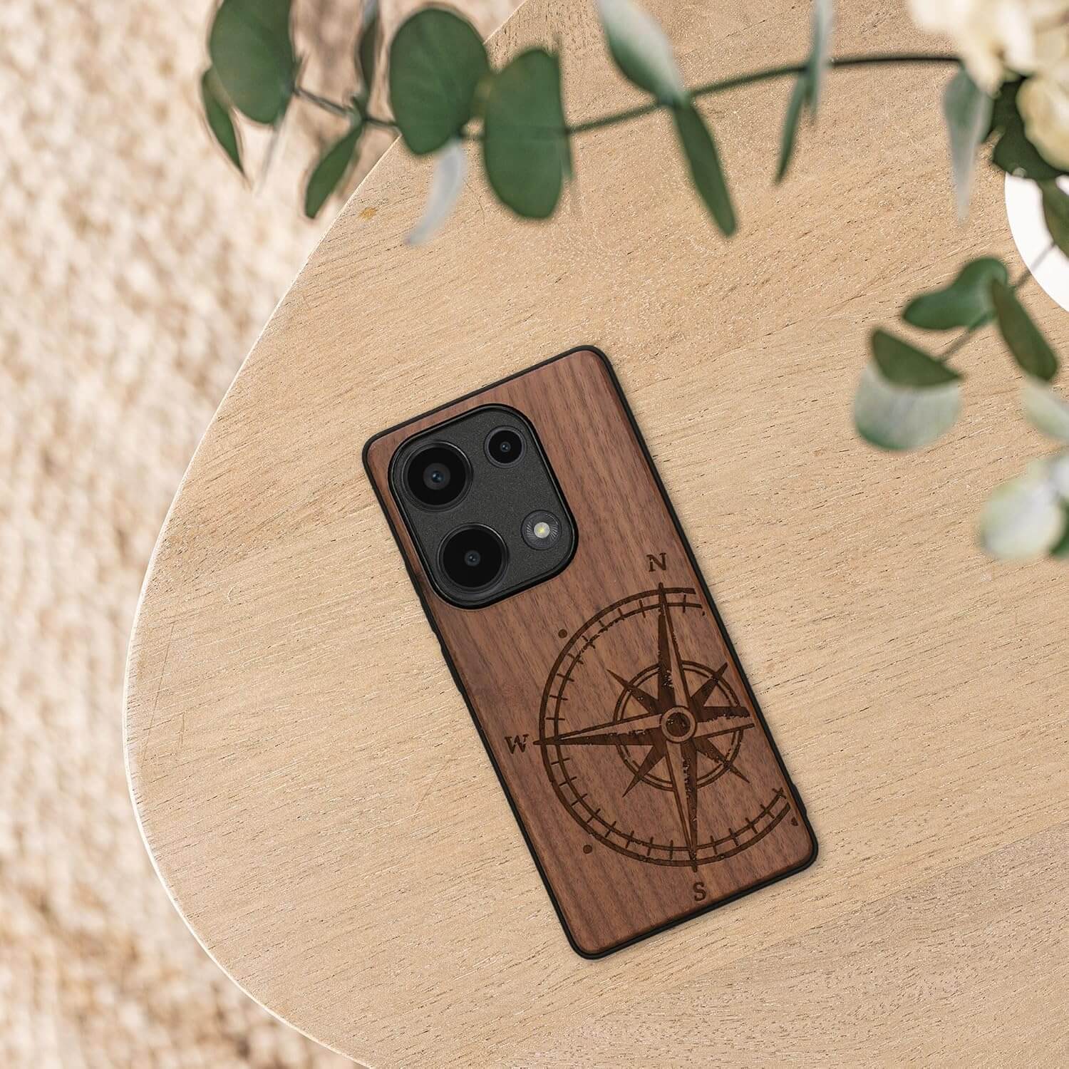KW Xiaomi Redmi Note 13 Pro 4G Θήκη από Φυσικό Ξύλο - Design Compass Vintage - Dark Brown