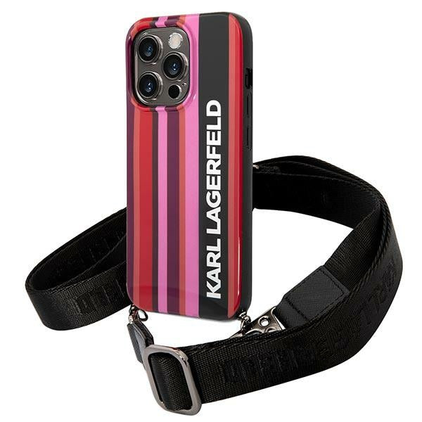 Karl Lagerfeld iPhone 14 Pro Color Stripes Strap Σκληρή Θήκη με Πλαίσιο Σιλικόνης και Λουράκι - Pink - KLHCP14LSTSTP