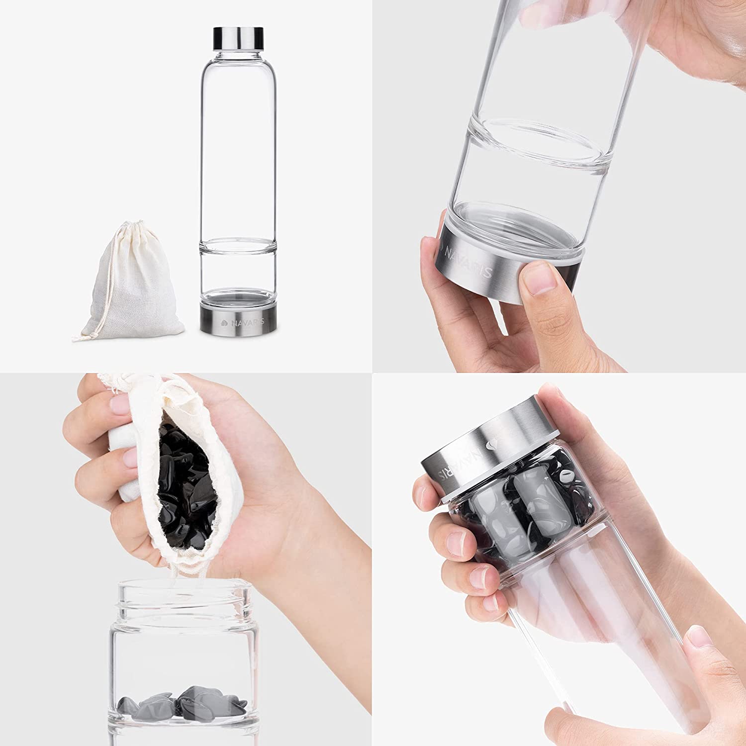 Navaris Γυάλινο Μπουκάλι Νερού με Πέτρες Οψιδιανού και Θήκη - BPA FREE - 420ml - Obsidian Stone - 53150.02