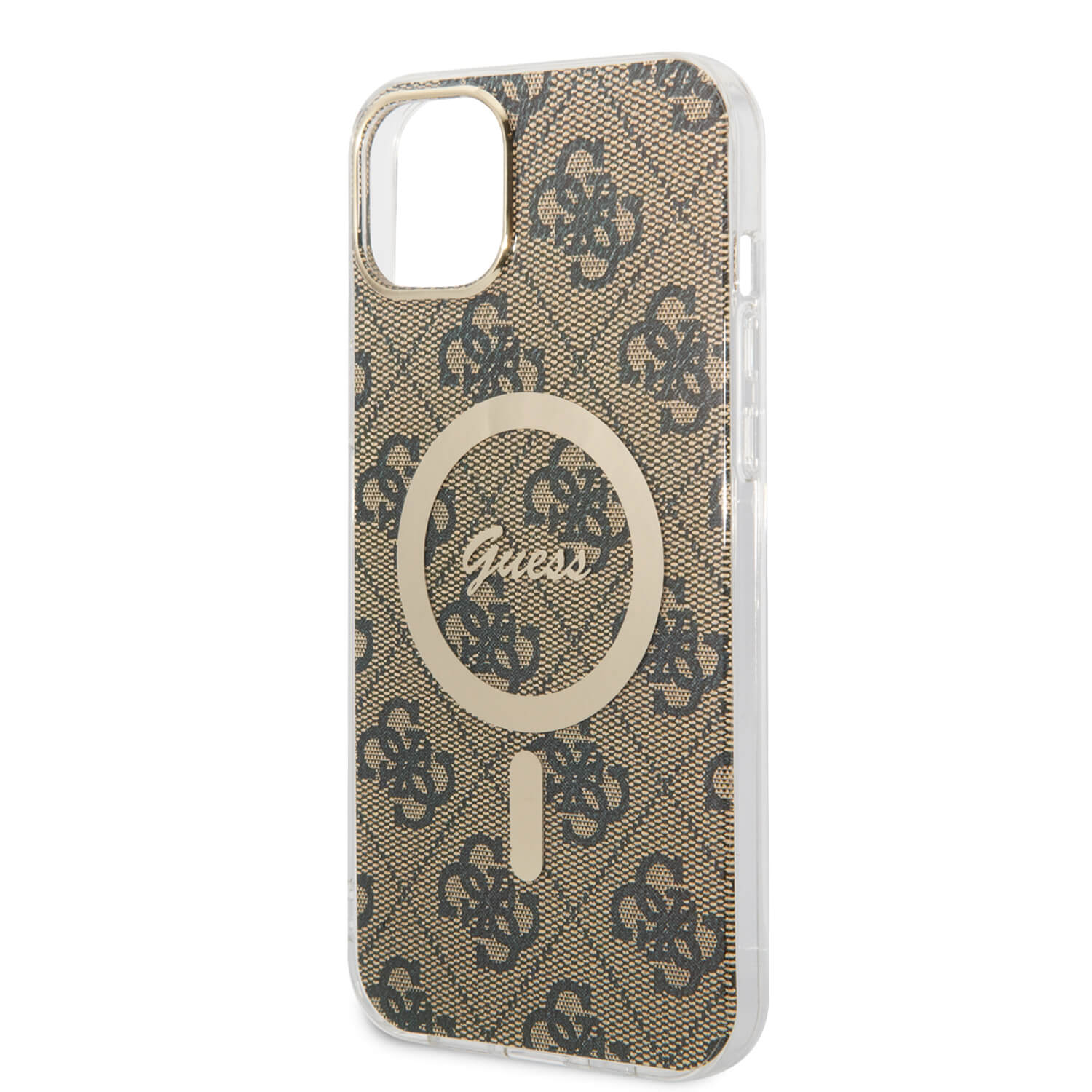 Guess iPhone 15 Plus / 14 Plus - Bundle Pack - Σετ Σκληρή Θήκη με Πλαίσιο Σιλικόνης και Ασύρματος Φορτιστής MagSafe - Design 4G Print MagSafe - Brown - GUBPP14MH4EACSW