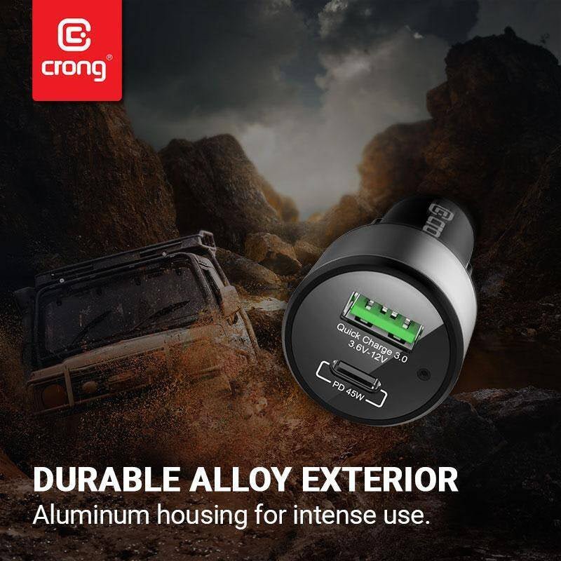 Crong Power 63W Φορτιστής Αυτοκινήτου Γρήγορης Φόρτισης με 1 Θύρα Type - C και 1 Θύρα USB - Black