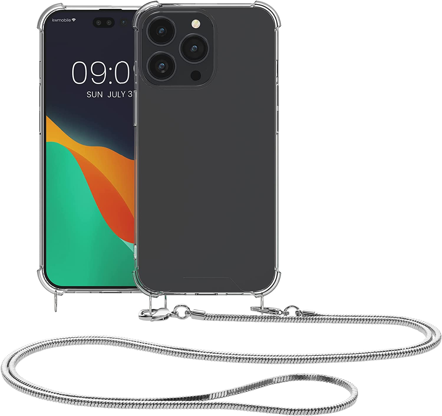 KW iPhone 14 Pro Max Θήκη Σιλικόνης TPU με Μεταλλικό Λουράκι - Διάφανη / Silver - 59105.35