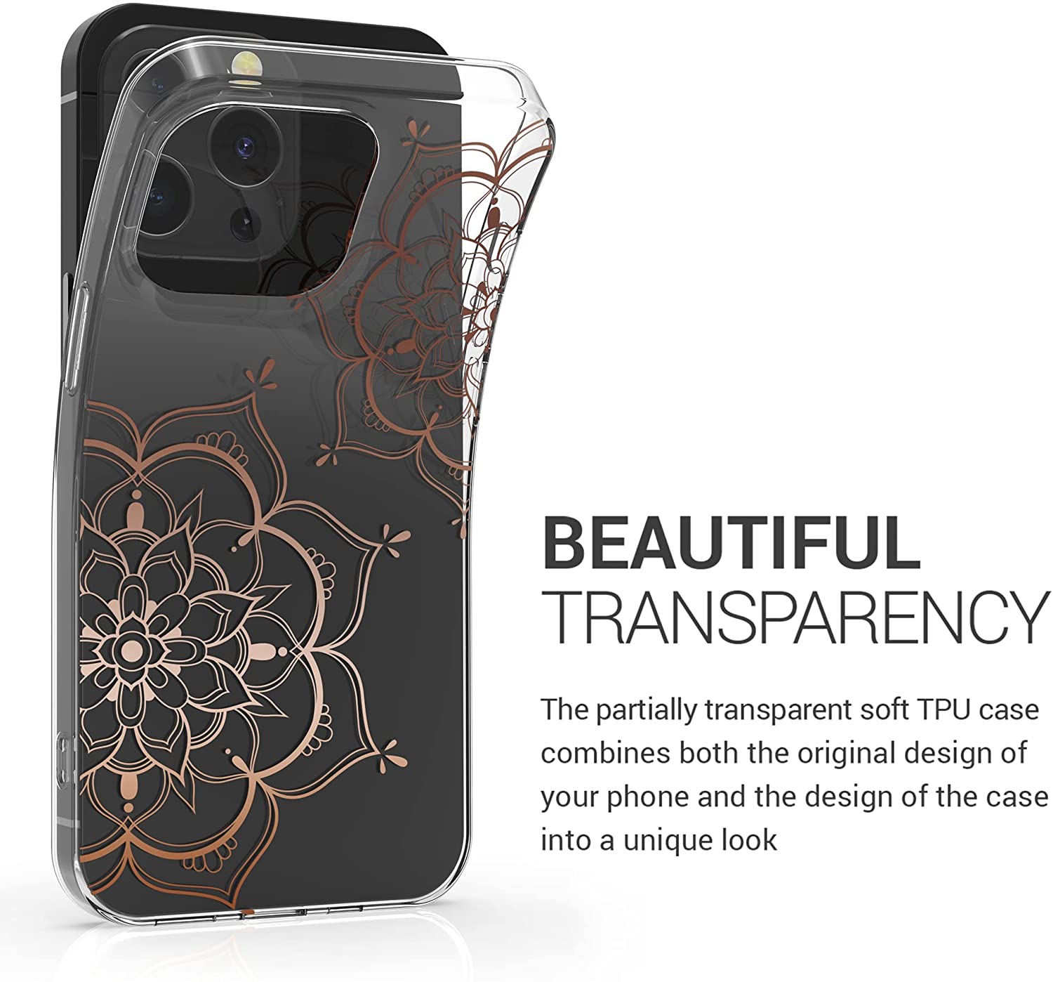KW iPhone 13 Pro Θήκη Σιλικόνης TPU Design Flowers Twins - Διάφανη / Rose Gold - 57144.03