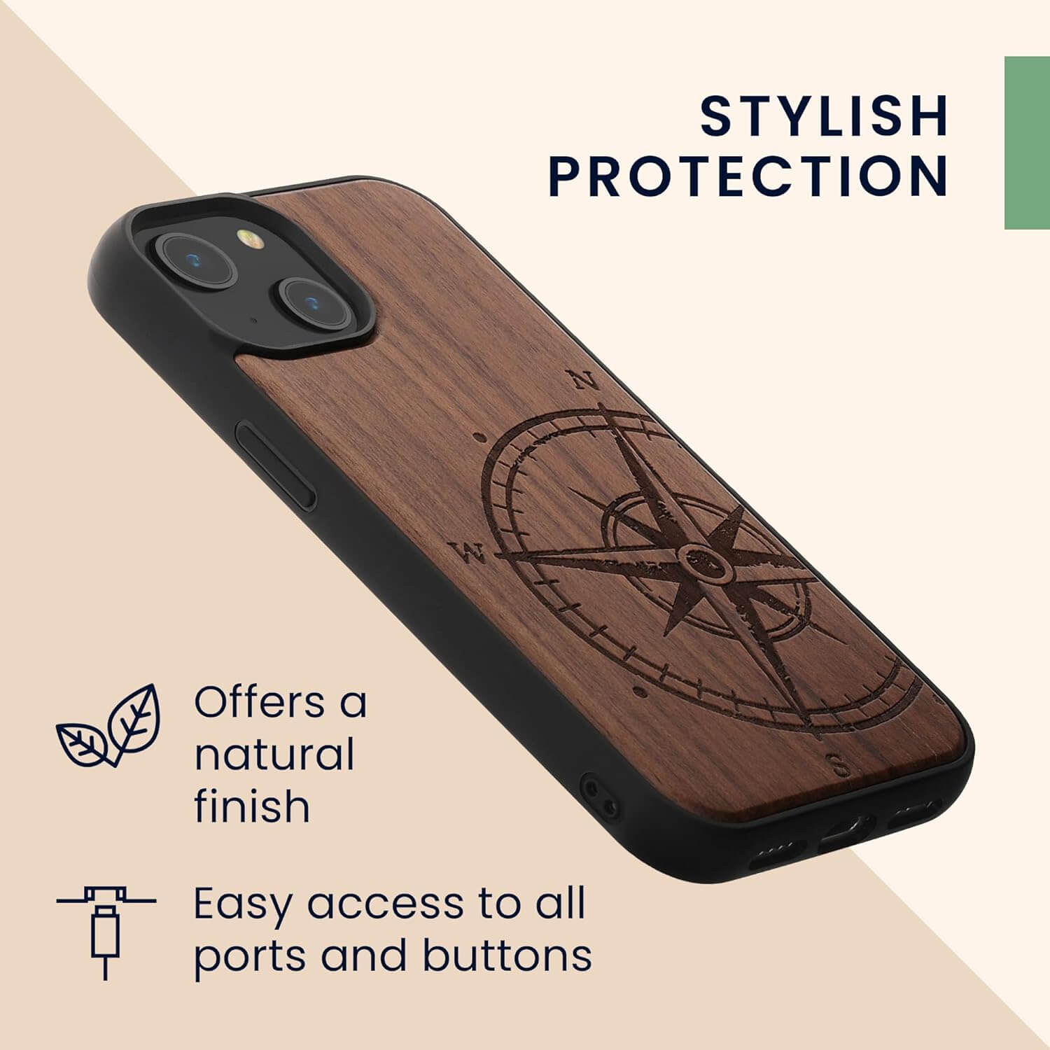 KW iPhone 15 Θήκη από Φυσικό Ξύλο - Design Vintage Compass - Dark Brown - 62011.01