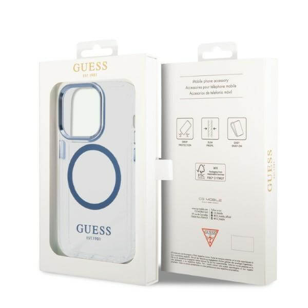 Guess iPhone 14 Pro Max Metal Outline MagSafe Σκληρή Θήκη με Πλαίσιο Σιλικόνης και MagSafe - Blue / Clear - GUHMP14XHTRMB