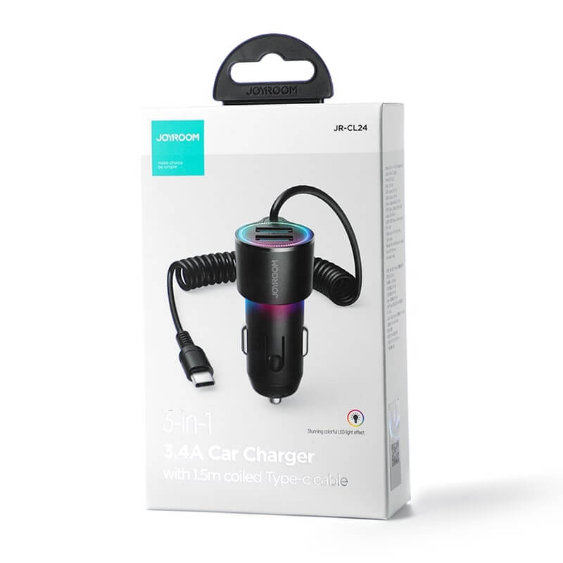Joyroom JR-CL24 3in1 Fast Car Charger 17W Φορτιστής Αυτοκινήτου με 2 Θύρες USB και Καλώδιο Type-C 1.5m - Black