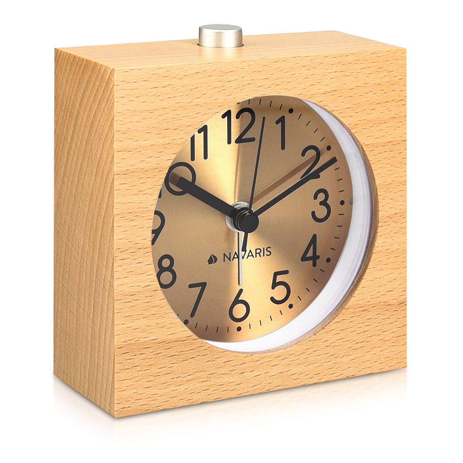 Navaris Analogue Wood Alarm Clock Design Square - Αναλογικό Επιτραπέζιο Ρολόι και Ξυπνητήρι - Gold / Light Brown - 46229.24
