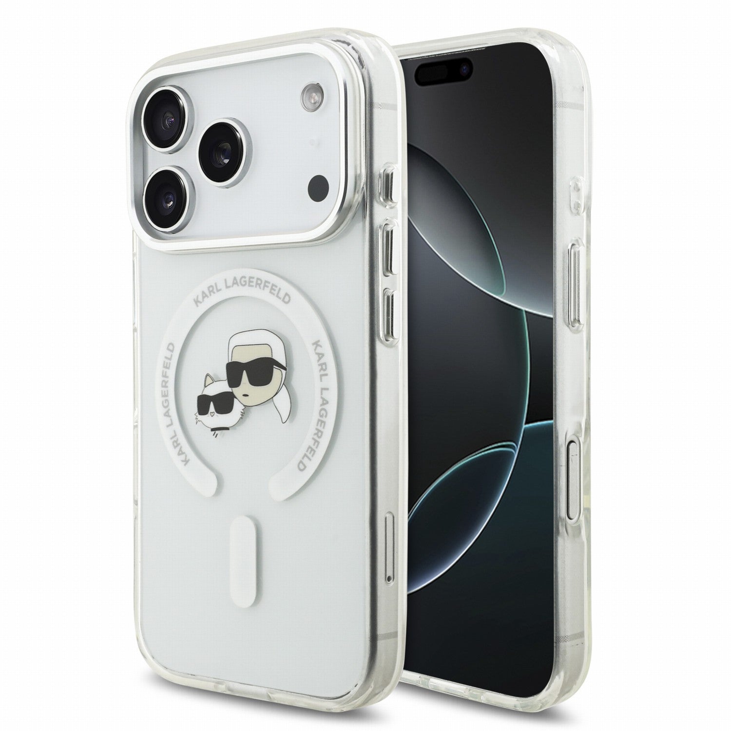 Karl Lagerfeld iPhone 17 Pro / iPhone 18 Pro - Σκληρή Θήκη με Πλαίσιο Σιλικόνης - IML K and CH Heads Metal Frame MagSafe - White
