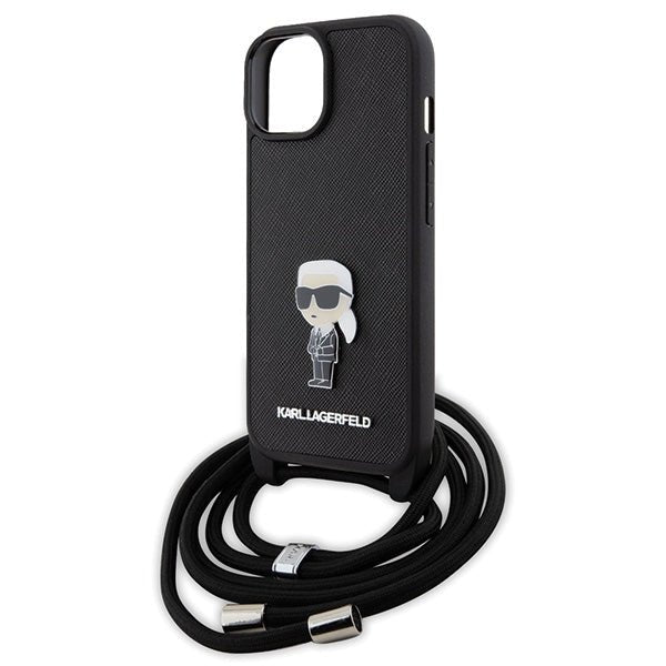 Karl Lagerfeld iPhone 15 / 14 / 13 - Σκληρή Θήκη με Επένδυση Συνθετικού Δέρματος και Λουράκι - Crossbody Saffiano Monogram Metal Pin Karl and Choupette - Black