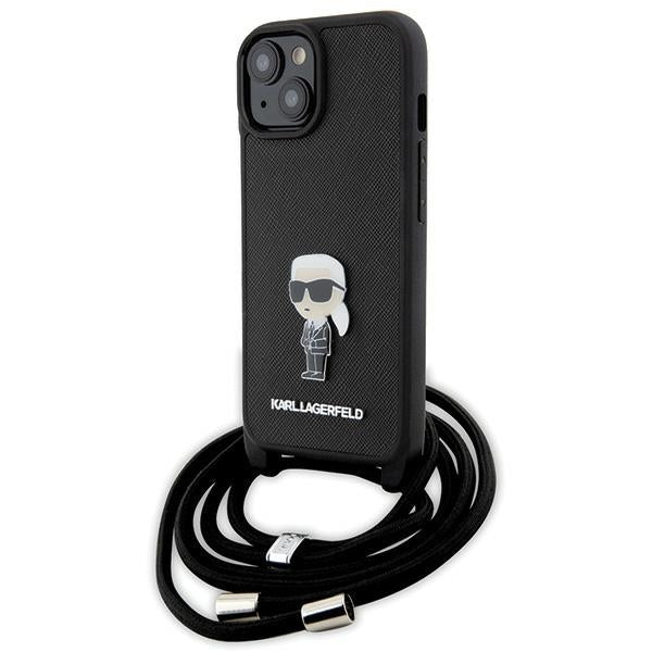 Karl Lagerfeld iPhone 15 / 14 / 13 - Σκληρή Θήκη με Επένδυση Συνθετικού Δέρματος και Λουράκι - Crossbody Saffiano Monogram Metal Pin Karl and Choupette - Black