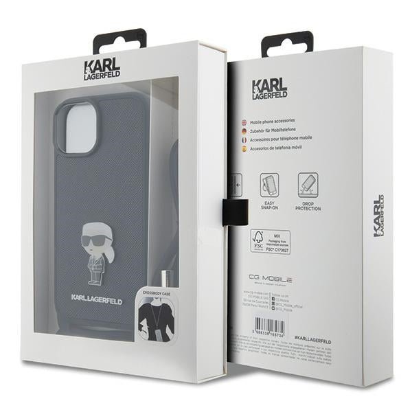 Karl Lagerfeld iPhone 15 / 14 / 13 - Σκληρή Θήκη με Επένδυση Συνθετικού Δέρματος και Λουράκι - Crossbody Saffiano Monogram Metal Pin Karl and Choupette - Black