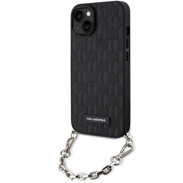 Karl Lagerfeld iPhone 15 / 14 / 13 - Σκληρή Θήκη με Επένδυση Συνθετικού Δέρματος και Πλαίσιο Σιλικόνης - Saffiano Monogram Chain - Black