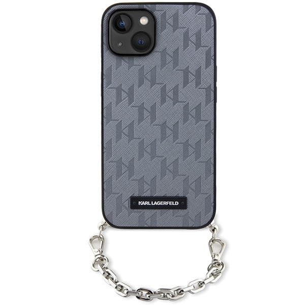 Karl Lagerfeld iPhone 15 / 14 / 13 - Σκληρή Θήκη με Επένδυση Συνθετικού Δέρματος και Πλαίσιο Σιλικόνης - Saffiano Monogram Chain - Silver