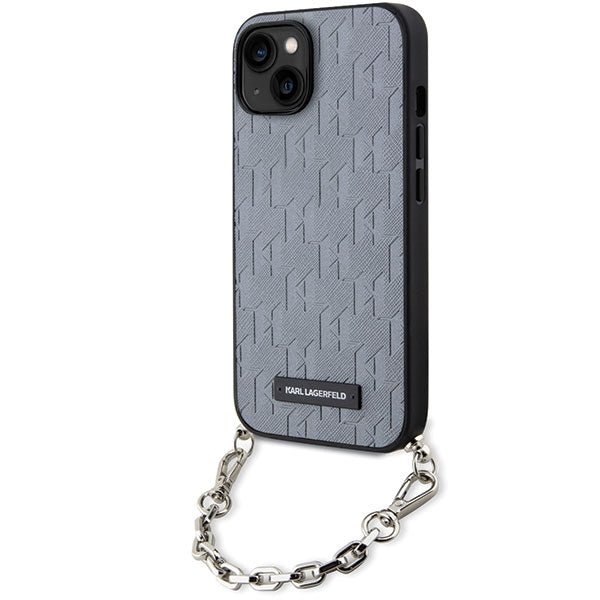 Karl Lagerfeld iPhone 15 / 14 / 13 - Σκληρή Θήκη με Επένδυση Συνθετικού Δέρματος και Πλαίσιο Σιλικόνης - Saffiano Monogram Chain - Silver