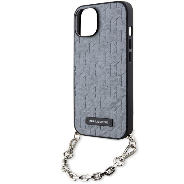 Karl Lagerfeld iPhone 15 / 14 / 13 - Σκληρή Θήκη με Επένδυση Συνθετικού Δέρματος και Πλαίσιο Σιλικόνης - Saffiano Monogram Chain - Silver