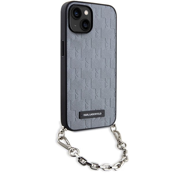 Karl Lagerfeld iPhone 15 / 14 / 13 - Σκληρή Θήκη με Επένδυση Συνθετικού Δέρματος και Πλαίσιο Σιλικόνης - Saffiano Monogram Chain - Silver