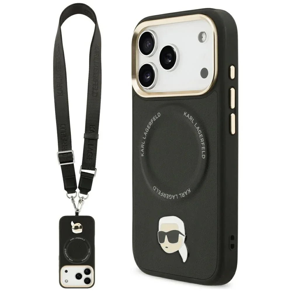 Karl Lagerfeld iPhone 17 Pro - Big Strap Karl Metal Logo MagSafe - Σκληρή Θήκη με Επένδυση Συνθετικού Δέρματος και Λουράκι - Black