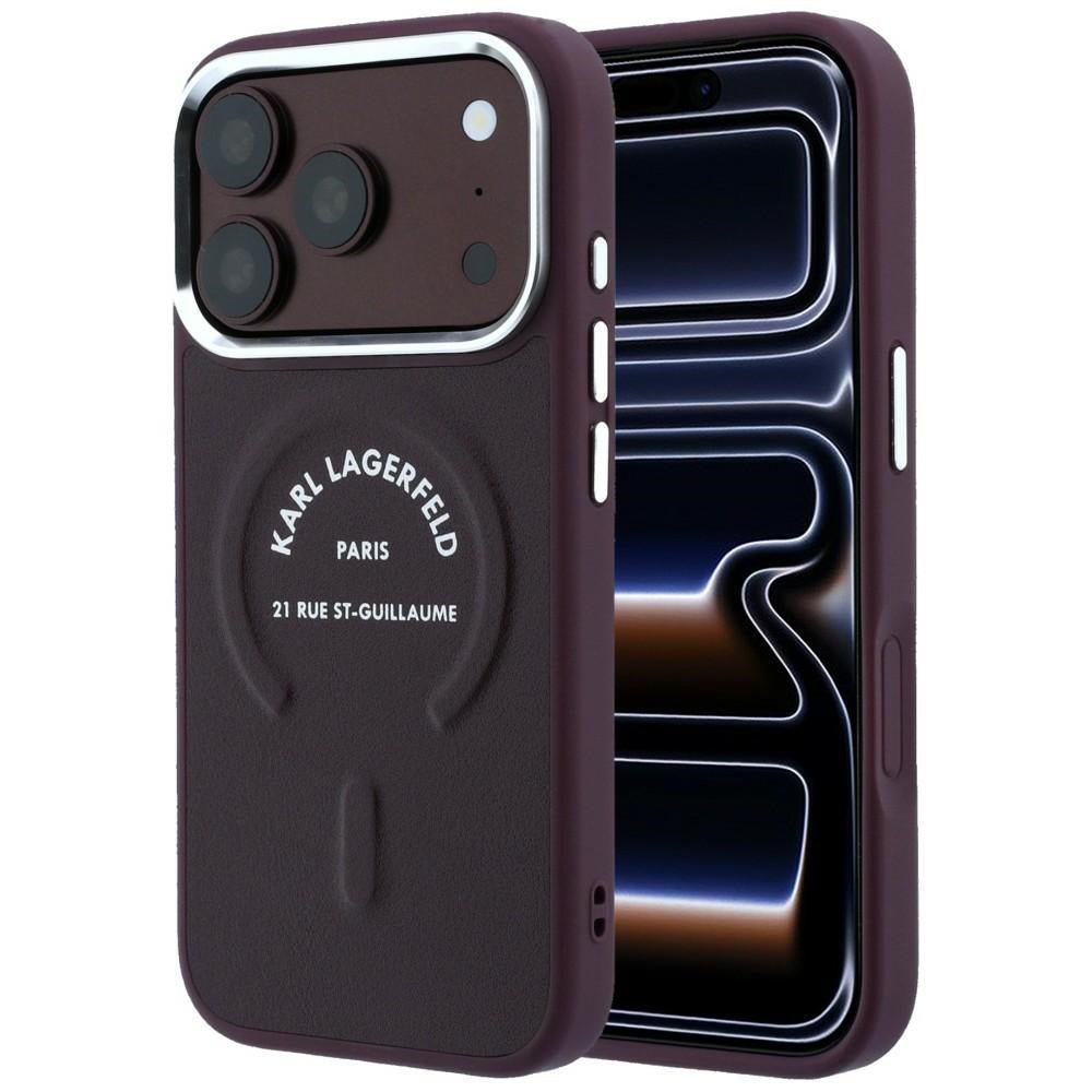 Karl Lagerfeld iPhone 17 Pro / iPhone 18 Pro - Σκληρή Θήκη με Επένδυση Οικολογικού Δέρματος - Embossed Open Ring RSG Logo MagSafe - Burgundy