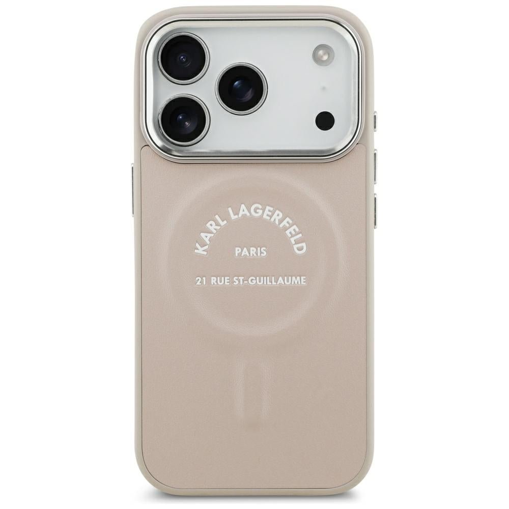 Karl Lagerfeld iPhone 17 Pro / iPhone 18 Pro - Σκληρή Θήκη με Επένδυση Οικολογικού Δέρματος - Embossed Open Ring RSG Logo MagSafe - Pink