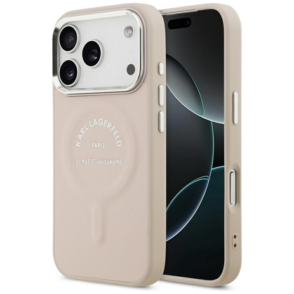 Karl Lagerfeld iPhone 17 Pro / iPhone 18 Pro - Σκληρή Θήκη με Επένδυση Οικολογικού Δέρματος - Embossed Open Ring RSG Logo MagSafe - Pink