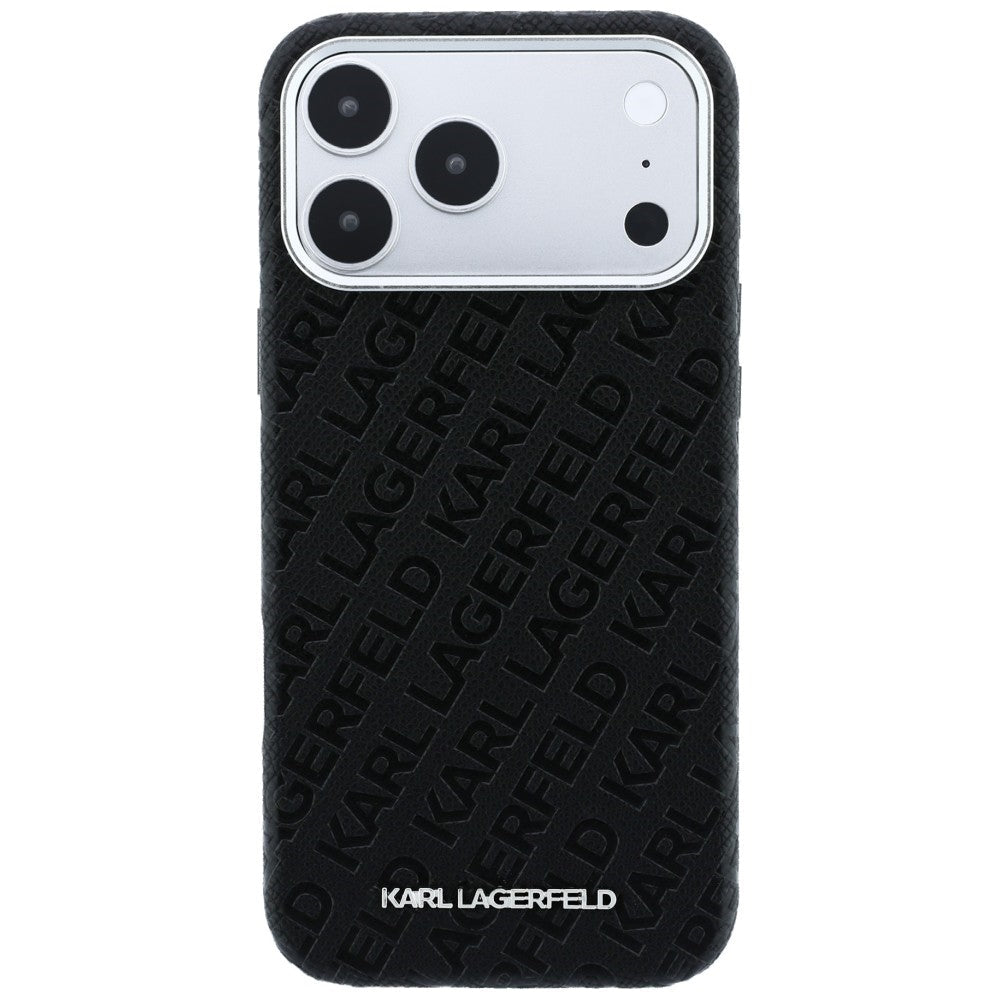 Karl Lagerfeld iPhone 17 Pro / iPhone 18 Pro - Σκληρή Θήκη με Επένδυση Οικολογικού Δέρματος - Grained Allover Logo Metal Elongated Magsafe - Black