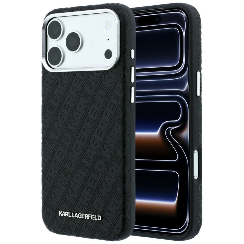 Karl Lagerfeld iPhone 17 Pro / iPhone 18 Pro - Σκληρή Θήκη με Επένδυση Οικολογικού Δέρματος - Grained Allover Logo Metal Elongated Magsafe - Black