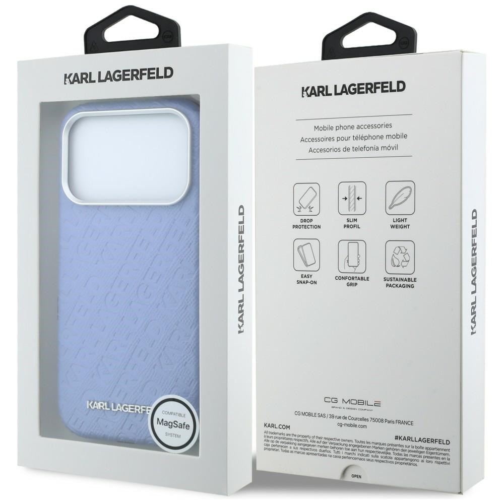 Karl Lagerfeld iPhone 17 Pro / iPhone 18 Pro - Σκληρή Θήκη με Επένδυση Οικολογικού Δέρματος - Grained Allover Logo Metal Elongated Magsafe - Blue