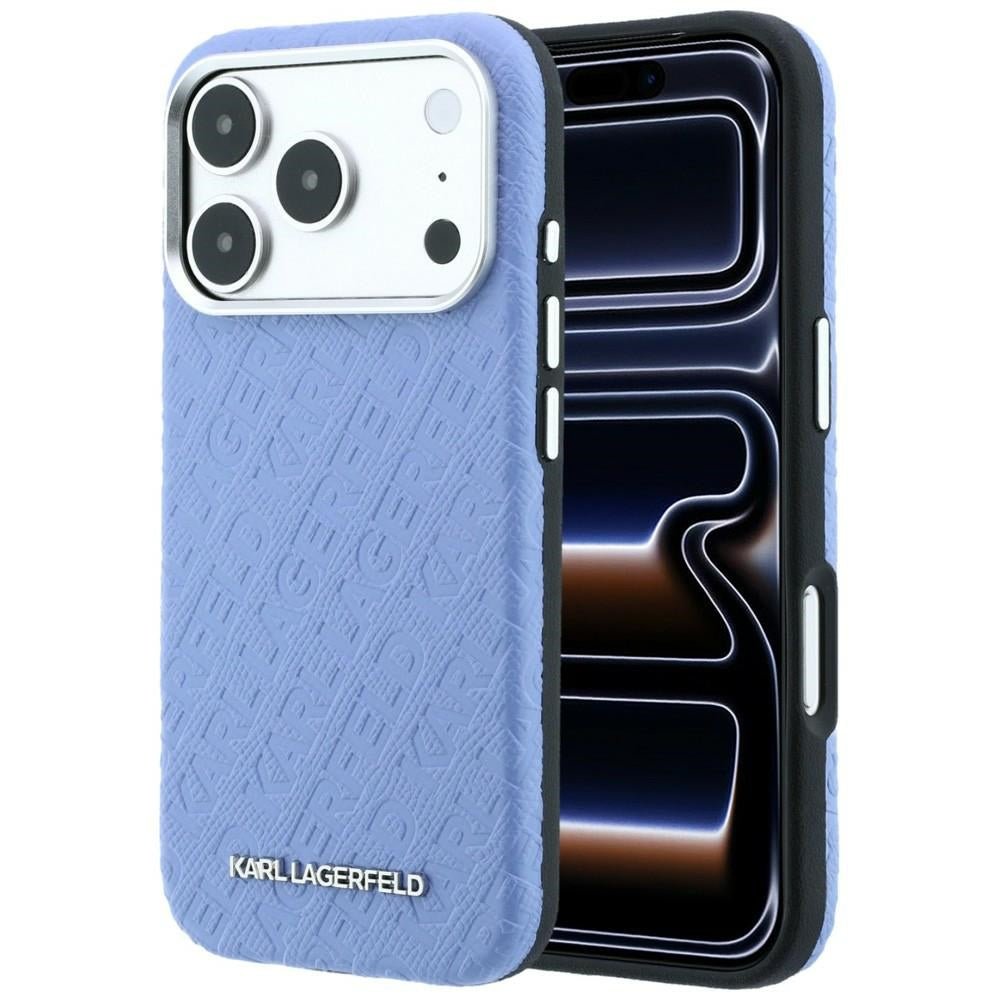 Karl Lagerfeld iPhone 17 Pro / iPhone 18 Pro - Σκληρή Θήκη με Επένδυση Οικολογικού Δέρματος - Grained Allover Logo Metal Elongated Magsafe - Blue