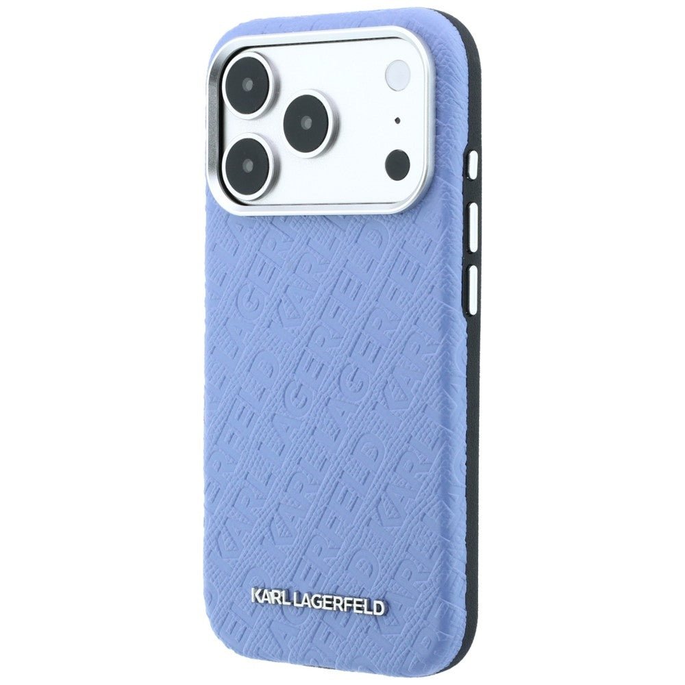 Karl Lagerfeld iPhone 17 Pro / iPhone 18 Pro - Σκληρή Θήκη με Επένδυση Οικολογικού Δέρματος - Grained Allover Logo Metal Elongated Magsafe - Blue