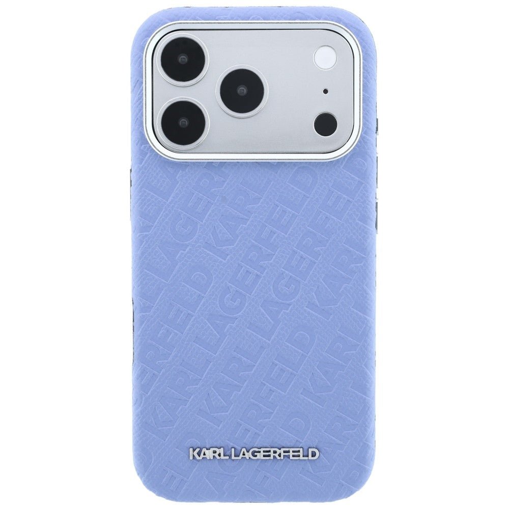 Karl Lagerfeld iPhone 17 Pro / iPhone 18 Pro - Σκληρή Θήκη με Επένδυση Οικολογικού Δέρματος - Grained Allover Logo Metal Elongated Magsafe - Blue