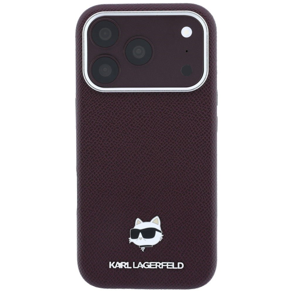 Karl Lagerfeld iPhone 17 Pro / iPhone 18 Pro - Σκληρή Θήκη με Επένδυση Οικολογικού Δέρματος - Grained Choupette Head Metal MagSafe - Burgundy