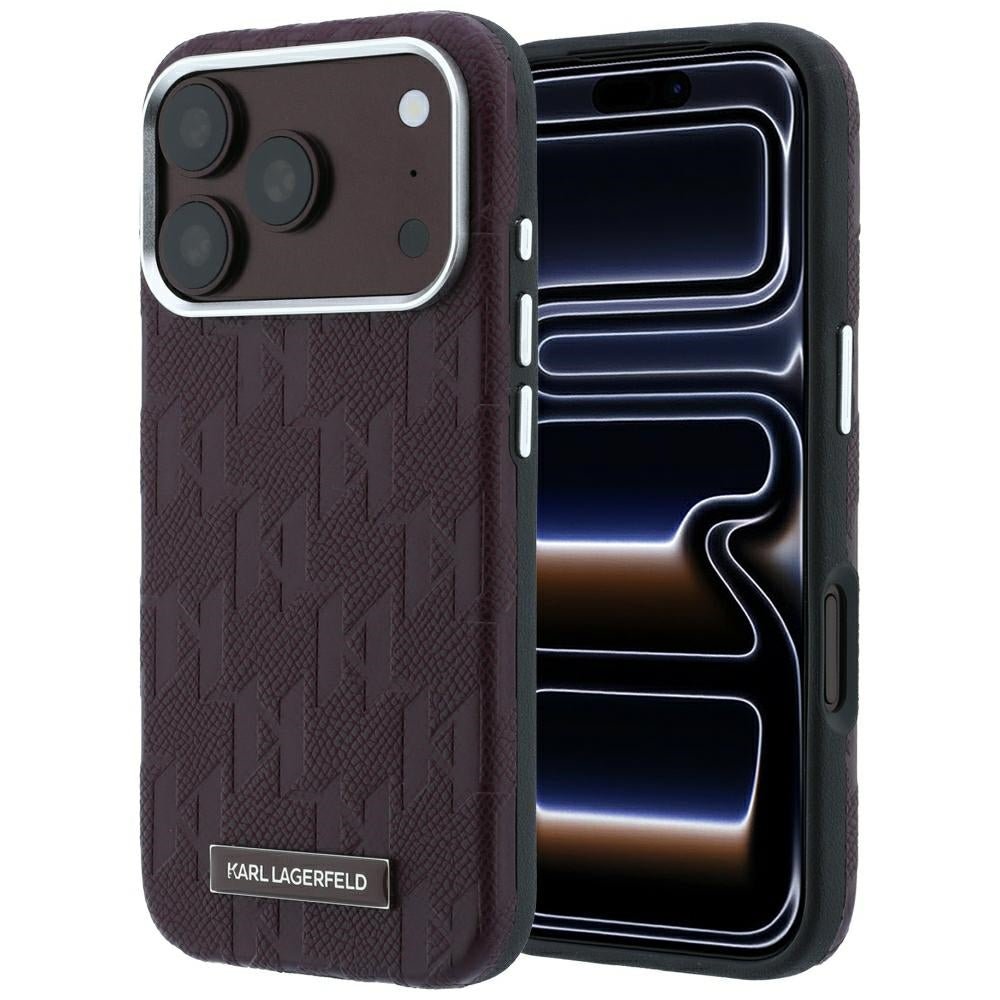 Karl Lagerfeld iPhone 17 Pro / iPhone 18 Pro - Σκληρή Θήκη με Επένδυση Οικολογικού Δέρματος - Grained Mono Resin Logo MagSafe - Burgundy