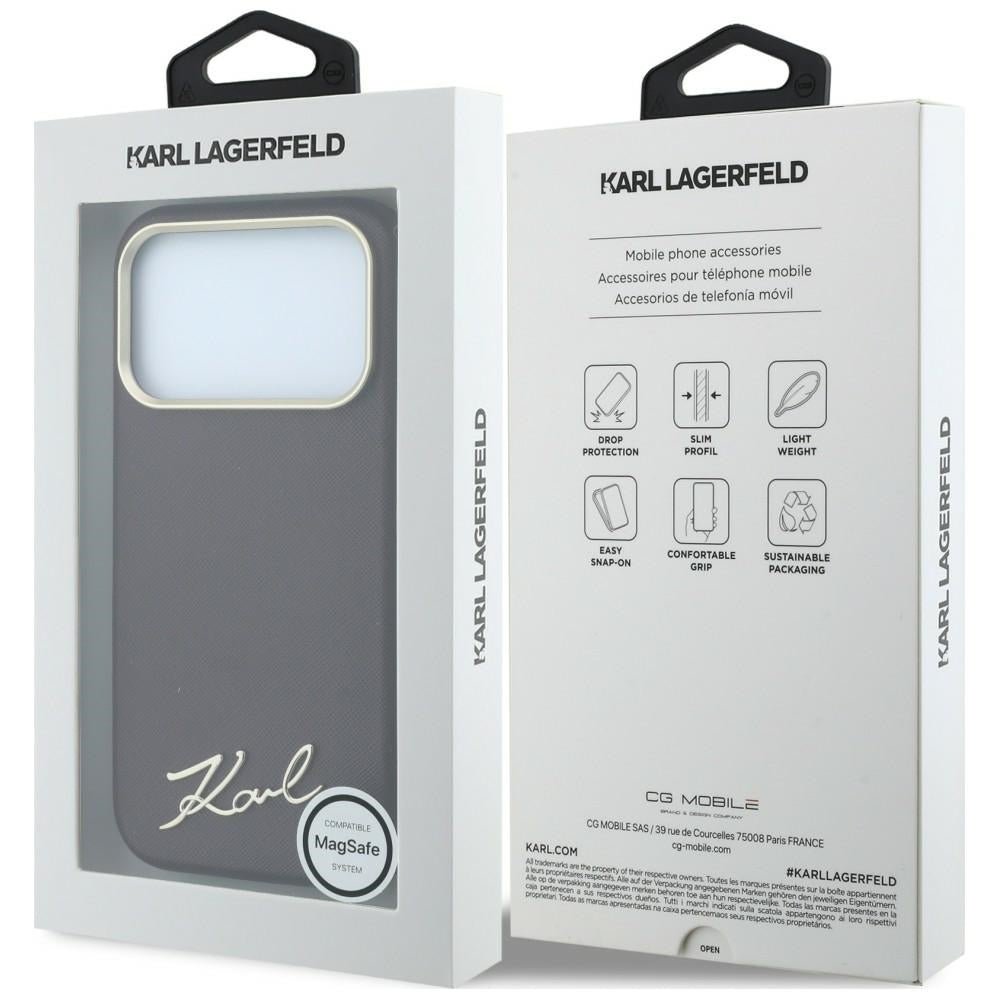 Karl Lagerfeld iPhone 17 Pro / iPhone 18 Pro - Σκληρή Θήκη με Επένδυση Συνθετικού Δέρματος και Πλαίσιο Σιλικόνης - Saffiano Small Script Metal Logo MagSafe - Burgundy
