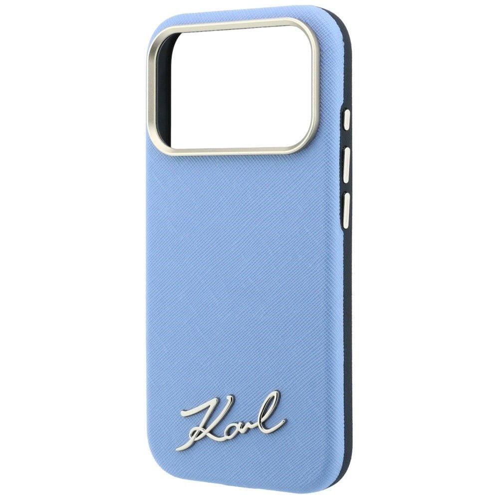 Karl Lagerfeld iPhone 17 Pro / iPhone 18 Pro - Σκληρή Θήκη με Επένδυση Συνθετικού Δέρματος και Πλαίσιο Σιλικόνης - Saffiano Small Script Metal Logo MagSafe - Light Blue