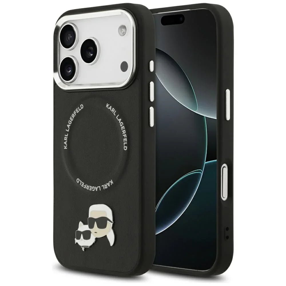 Karl Lagerfeld iPhone 17 Pro - Karl and Choupette Pins MagSafe - Σκληρή Θήκη με Επένδυση Συνθετικού Δέρματος - Black