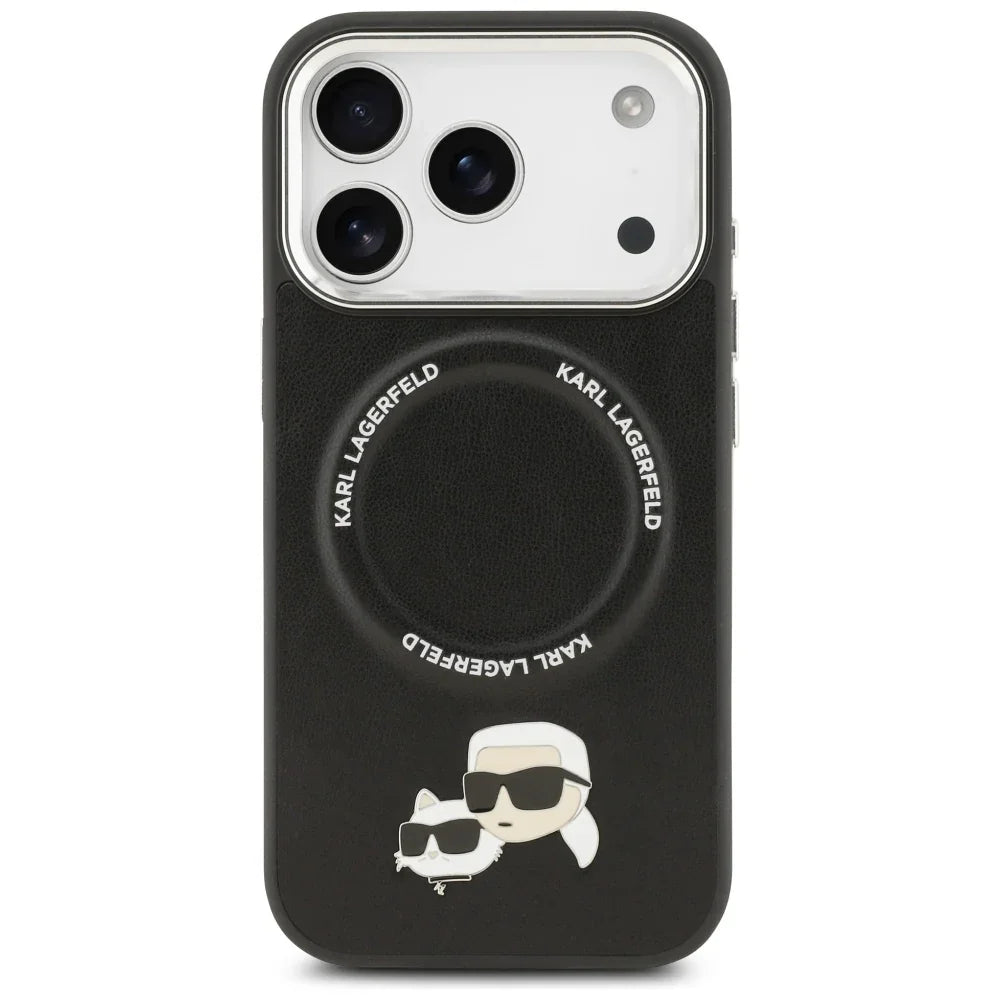 Karl Lagerfeld iPhone 17 Pro - Karl and Choupette Pins MagSafe - Σκληρή Θήκη με Επένδυση Συνθετικού Δέρματος - Black