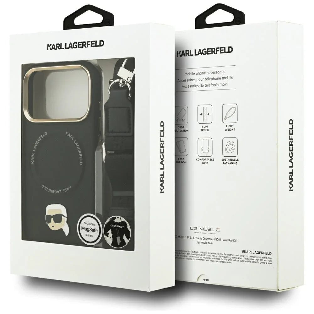 Karl Lagerfeld iPhone 17 Pro Max - Big Strap Karl Metal Logo MagSafe - Σκληρή Θήκη με Επένδυση Συνθετικού Δέρματος και Λουράκι - Black