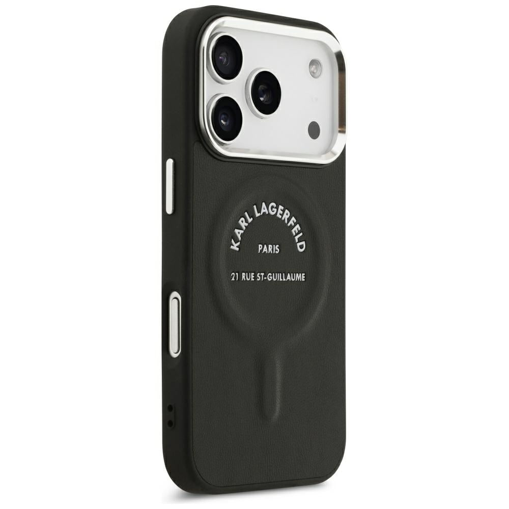 Karl Lagerfeld iPhone 17 Pro Max / iPhone 18 Pro Max - Σκληρή Θήκη με Επένδυση Οικολογικού Δέρματος - Embossed Open Ring RSG Logo MagSafe - Black