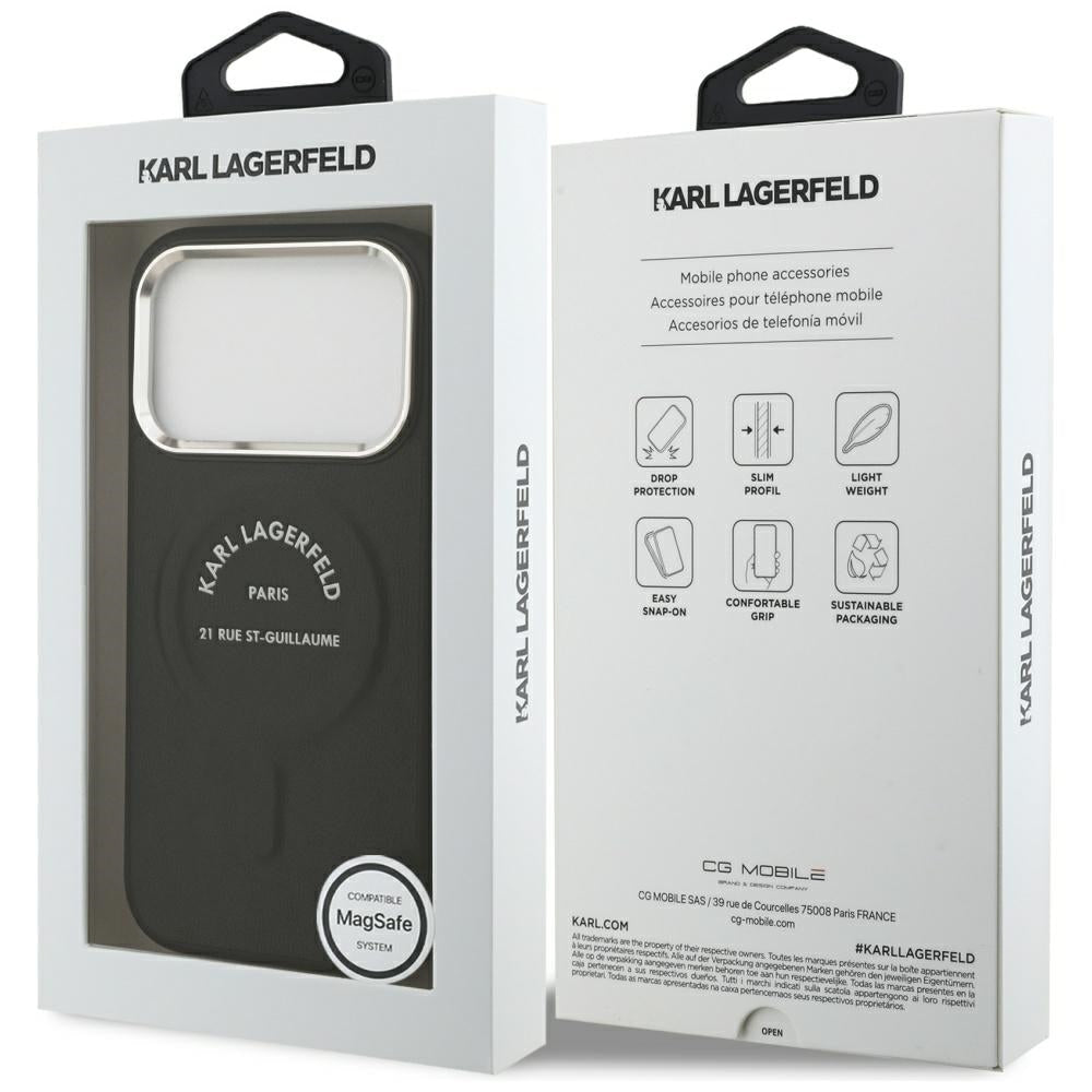 Karl Lagerfeld iPhone 17 Pro Max / iPhone 18 Pro Max - Σκληρή Θήκη με Επένδυση Οικολογικού Δέρματος - Embossed Open Ring RSG Logo MagSafe - Black